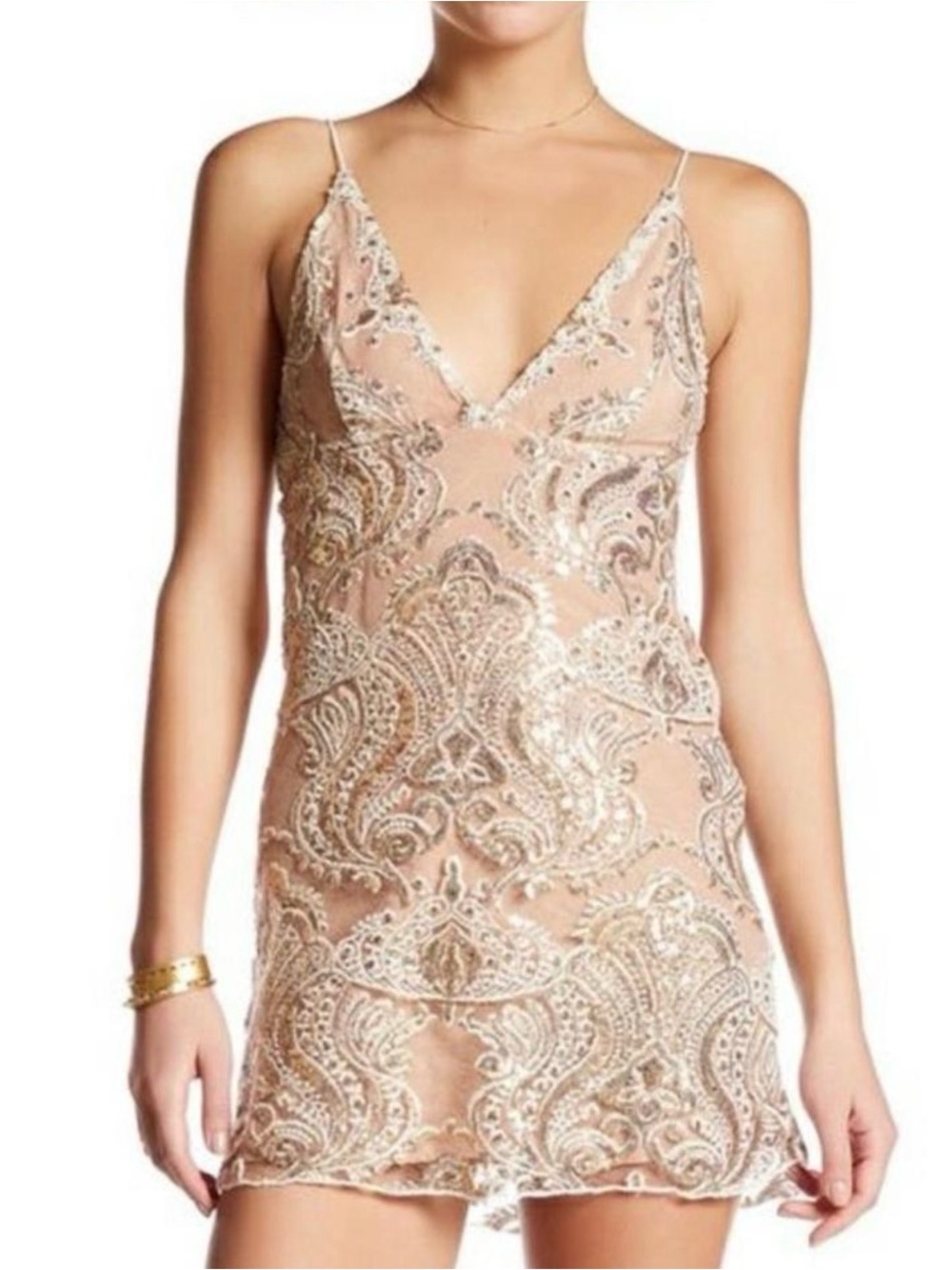 FREE PEOPLE Night Shimmer Sequin Mini Slip Dress | 2 | Cream, Beige